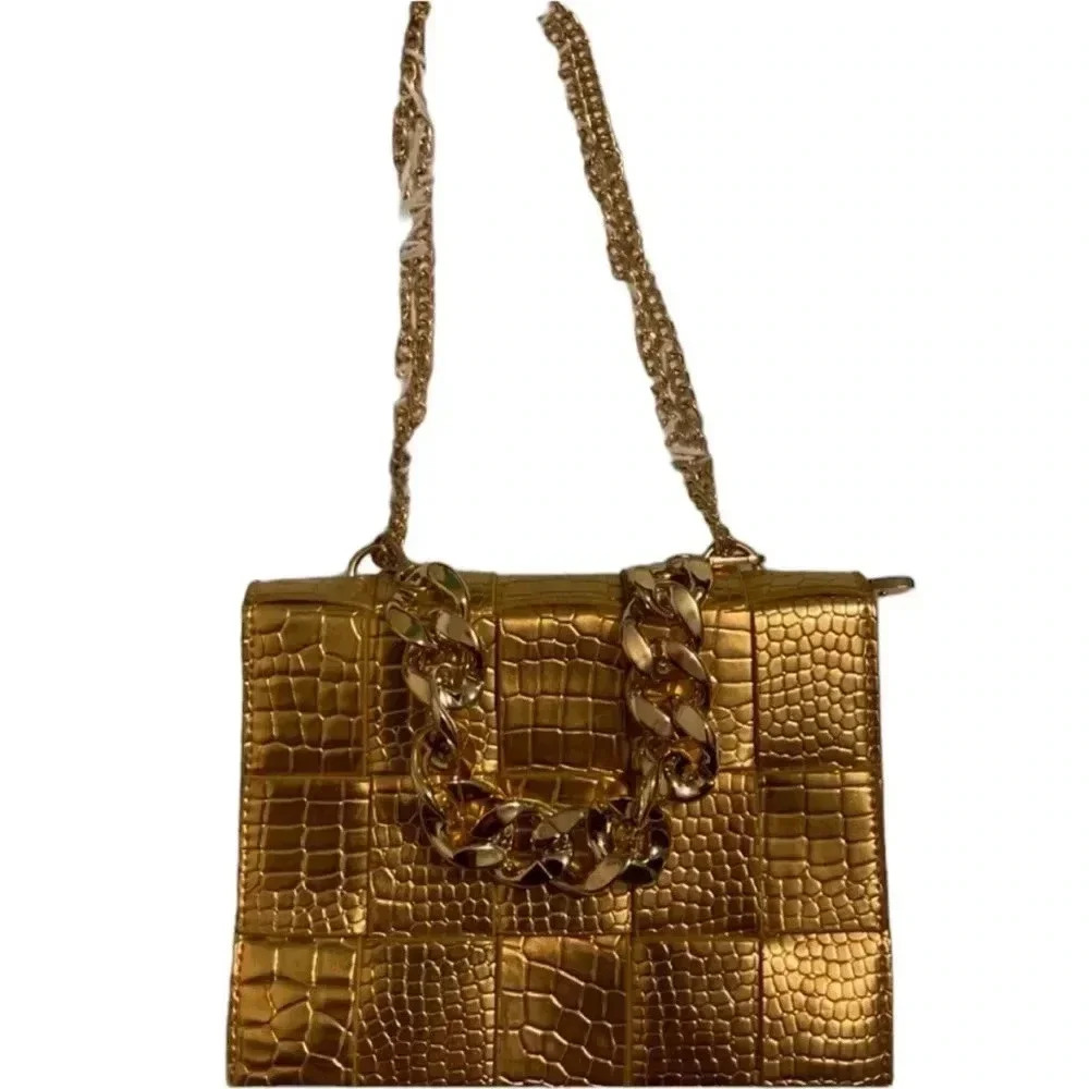 Crossbody/Handbag 2Way Metallic Croc Embossed Look Gold with Chain Detail NWOT